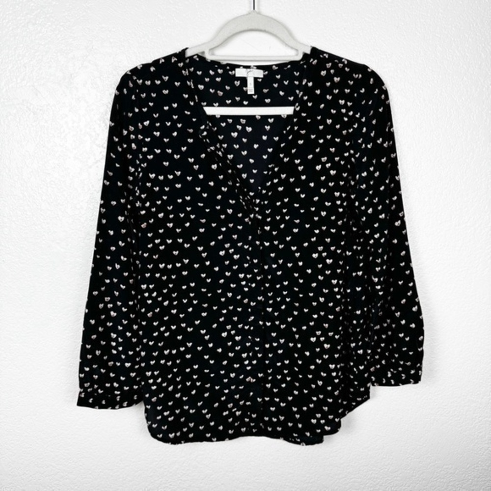 Joie Purine Silk Blouse Top in Caviar Abstract Heart Pattern 100% Silk Size S